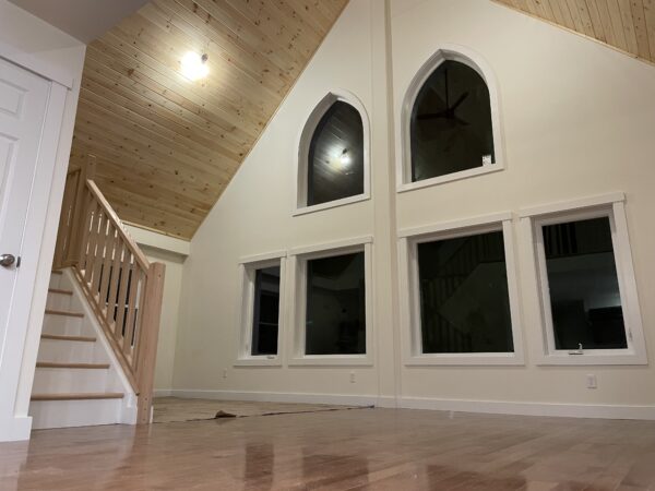 vaulted ceiling in new custom modular cape chalet home project completed by Brookewood Builders, Manchester, ME 04351