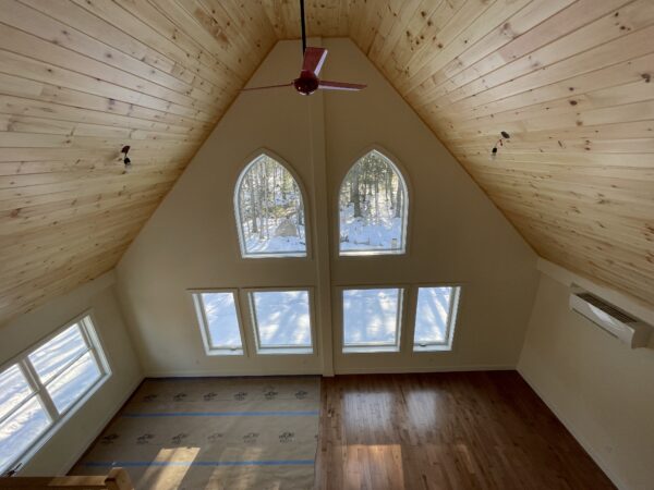 vaulted ceiling in new custom modular cape chalet home project completed by Brookewood Builders, Manchester, ME 04351