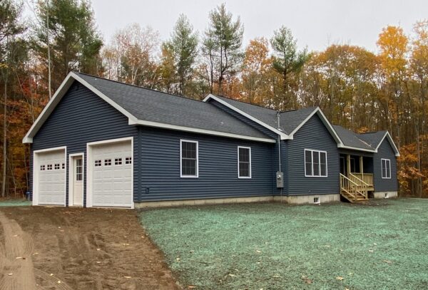 new modular ranch home project with attached garage completed by Brookewood Builders, Manchester, ME 04351